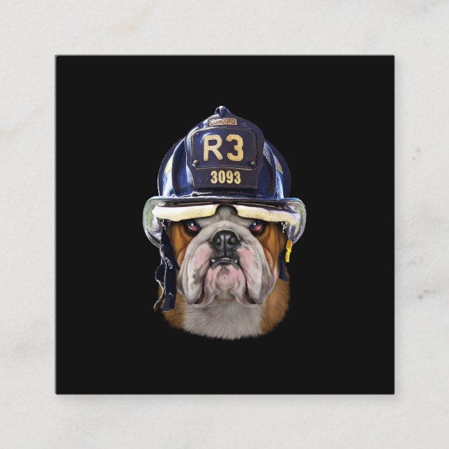 Grumpy English Bulldog Wearing Firefighter Helmet Square Business Card (Front)