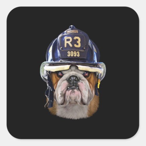 Grumpy English Bulldog Wearing Firefighter Helmet Square Sticker