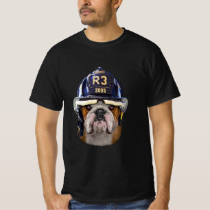 Grumpy English Bulldog Wearing Firefighter Helmet T-Shirt