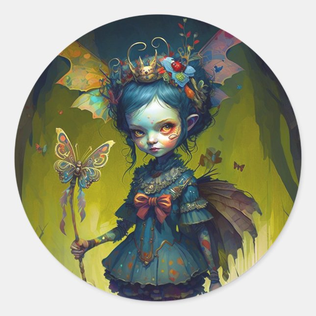 Grumpy Fairy Pixie Fantasy Art Classic Round Sticker (Front)