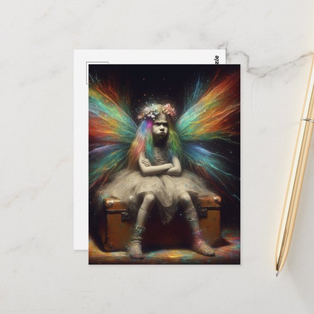 Grumpy Fairy Sitting on a Vintage Trunk Postcard (Front/Back In Situ)