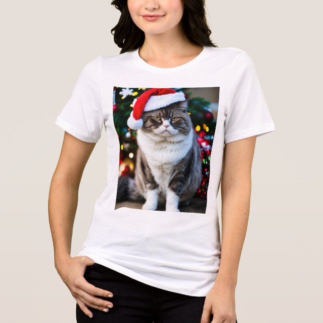 Grumpy Fat Cat in a Christmas Hat: Festive Fun  Tri-Blend Shirt (Front)