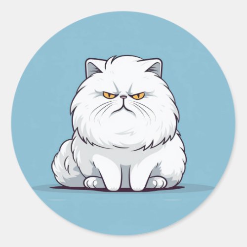 Grumpy Fat White Cat on a Blue Background Classic Round Sticker