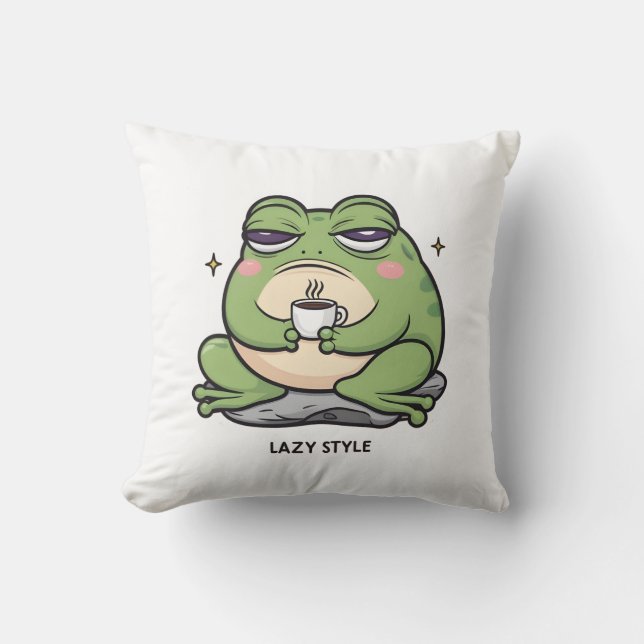 Grumpy Frog with a Tiny Cup of Coffee Throw Pillow (Front)