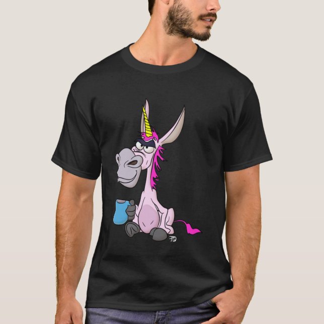 Grumpy Funny Donkey Unicorn With Coffee Cup Pullov T-Shirt (Front)