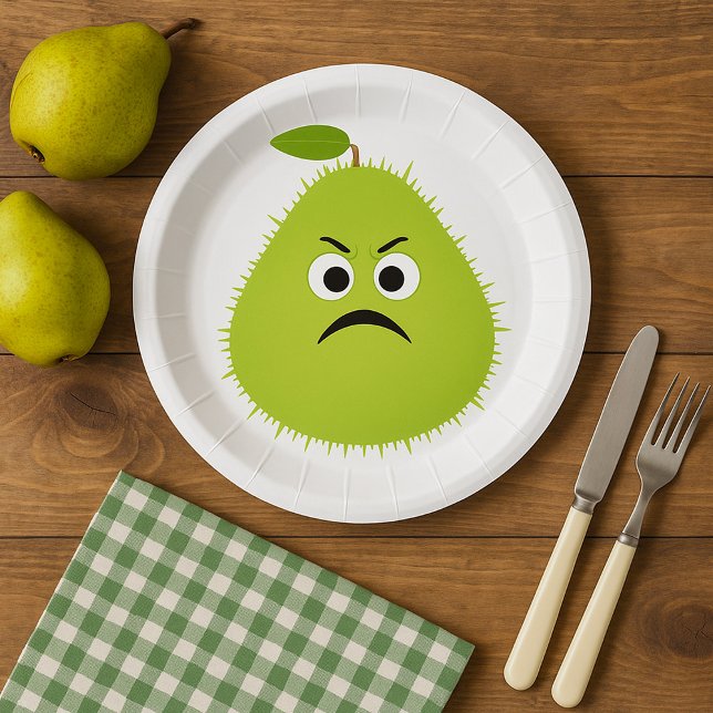 Grumpy Fuzzy Pear Face Funny Fruit Character Paper Plates (Creator Uploaded)