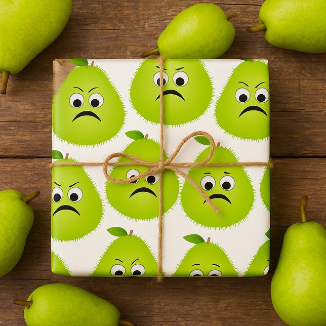 Grumpy Fuzzy Pear Face Funny Fruit Character Wrapping Paper (Creator Uploaded)