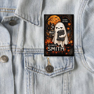 Grumpy Ghost Holding Black Pug Dog Meh Halloween Button