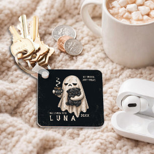 Grumpy Ghost Holding Black Pug Dog Meh Halloween Keychain
