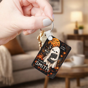 Grumpy Ghost Holding Black Pug Dog Meh Halloween Keychain