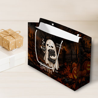Grumpy Ghost Holding Black Pug Dog Meh Halloween Large Gift Bag