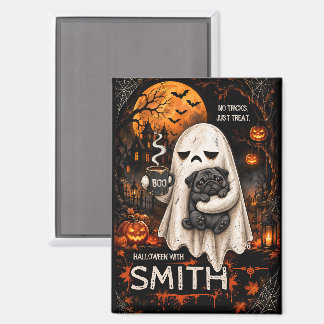 Grumpy Ghost Holding Black Pug Dog Meh Halloween Magnet