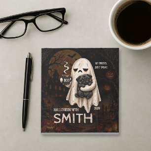 Grumpy Ghost Holding Black Pug Dog Meh Halloween Notepad