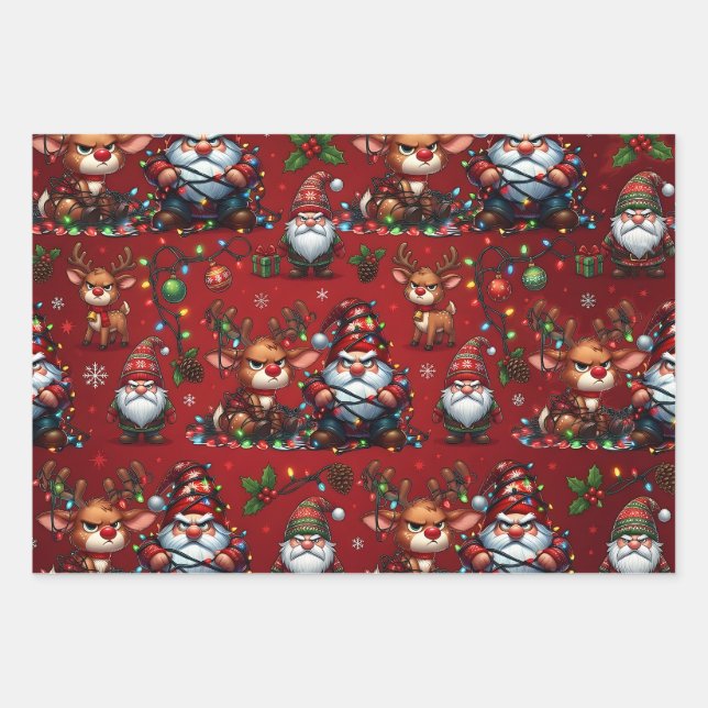 Grumpy Gnomes & Reindeer Tangled Wrapping Paper Sheets (Front)
