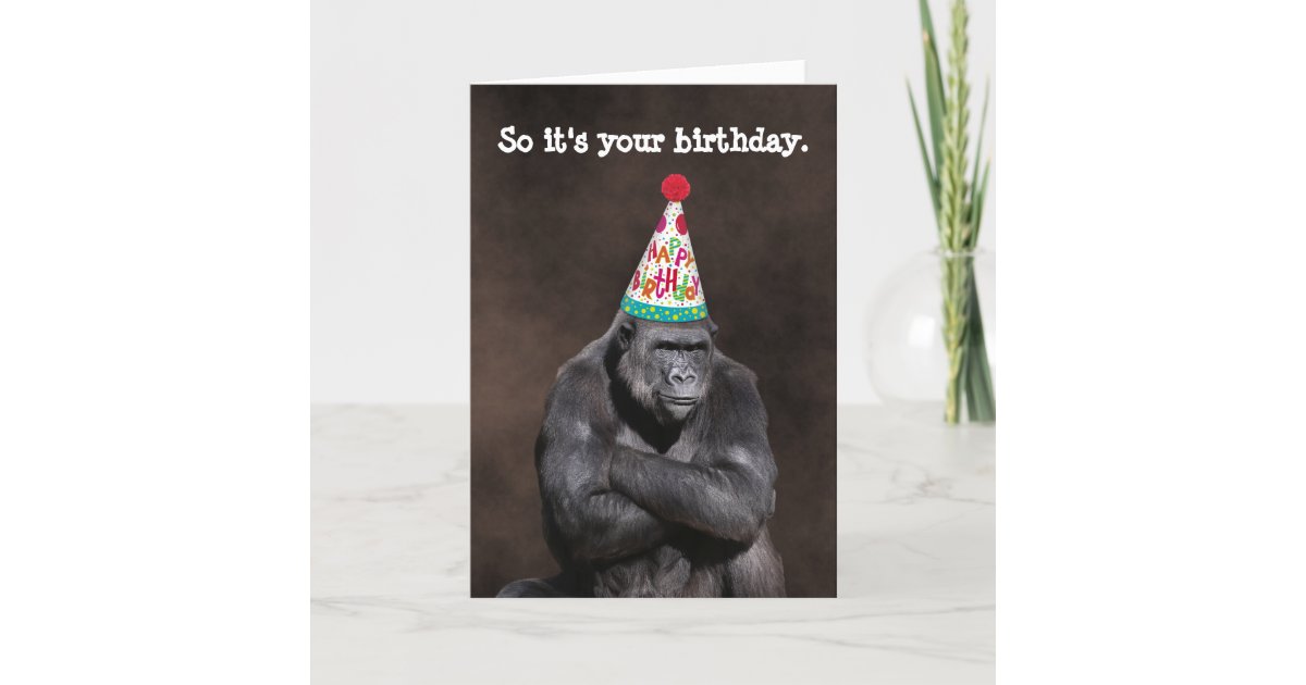 Grumpy Gorilla in Party Hat Birthday Card | Zazzle.com