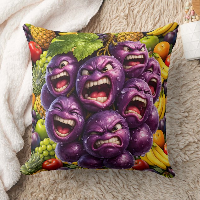 Grumpy grapes and angry fruit funny whimsical kitc throw pillow (Blanket)