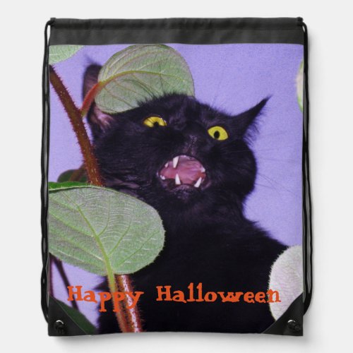 Grumpy Halloween black cat Drawstring Bag
