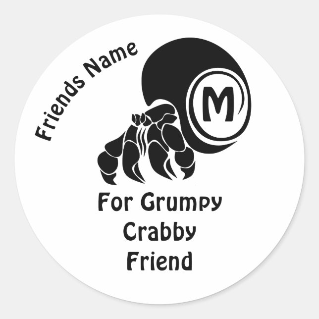 Grumpy Hermit Crab Silhouette Monogram Classic Round Sticker (Front)