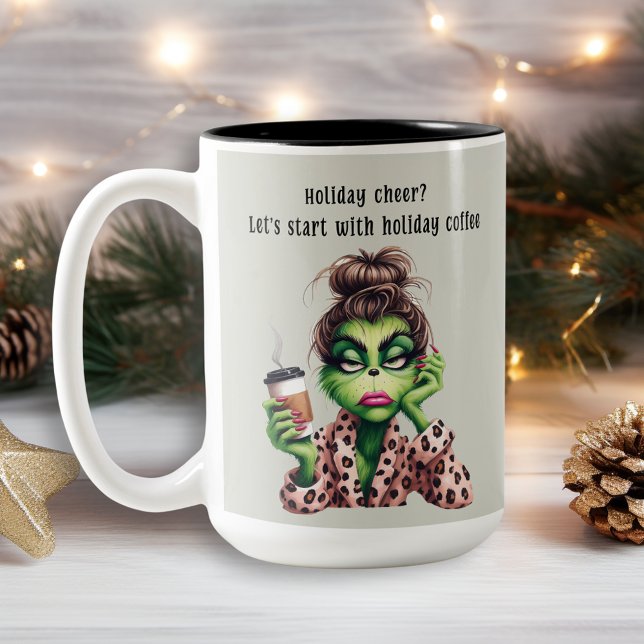 Grumpy Holiday Green Women Loves Coffee Two-Tone Coffee Mug (Creator Uploaded)