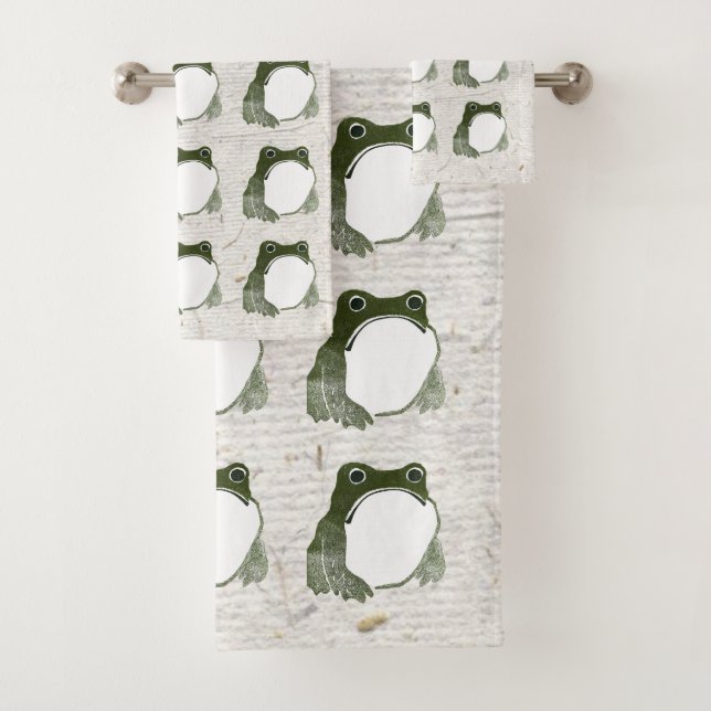 Grumpy Japanese Frog Toad 19th Century  Bath Towel Set (Insitu)