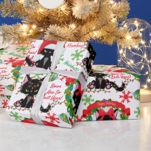 Grumpy Kitty Bah Humbug _ Cat in Hats Bows Wrapping Paper