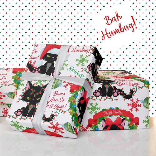 Grumpy Kitty Bah Humbug _ Cat in Hats Bows Wrapping Paper