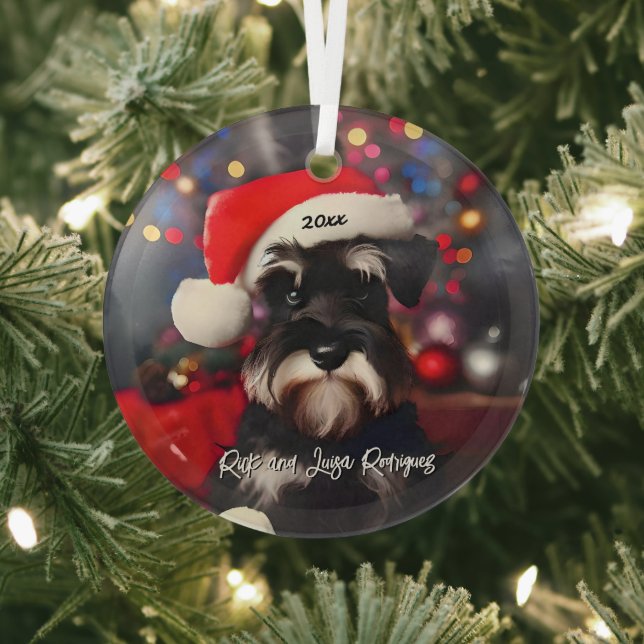 Grumpy Miniature Schnauzer with Santa Hat Glass Ornament (Insitu)
