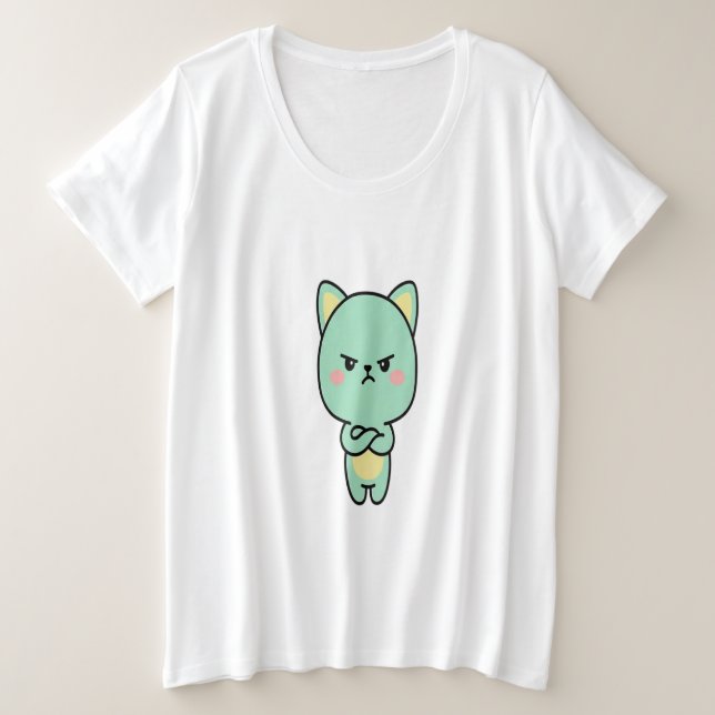 Grumpy Mint Cat – Cute Kawaii Cartoon T-Shirt (Design Front)