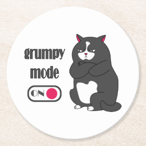 Grumpy mode on funny fat cat  round paper coaster