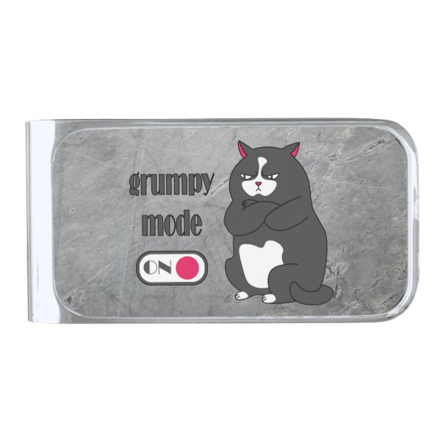 Grumpy mode on funny fat cat   silver finish money clip (Front)