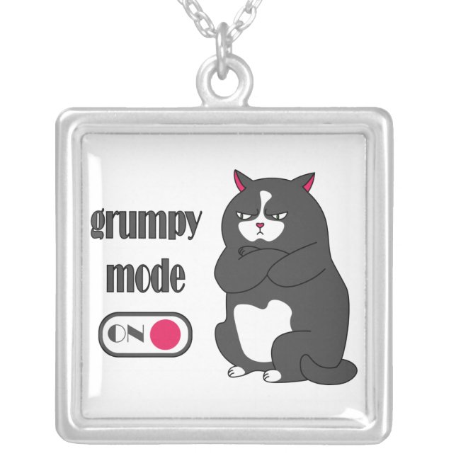 Grumpy mode on funny fat cat  silver plated necklace (Front)