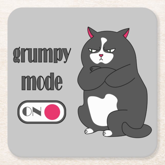 Grumpy mode on funny fat cat  square paper coaster (Front)