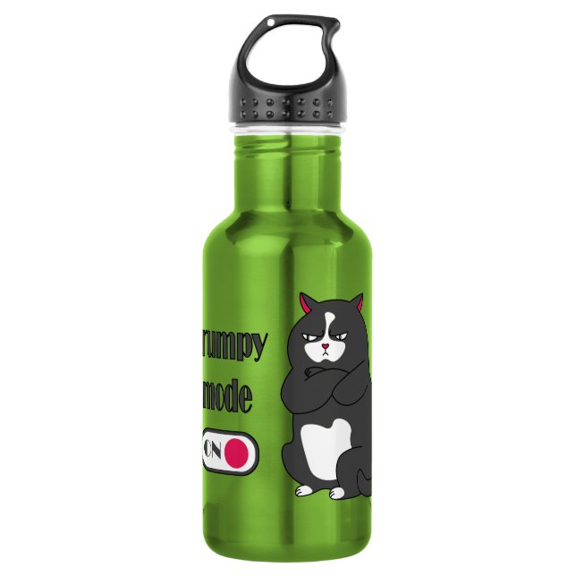 Grumpy mode on funny fat cat stainless steel water bottle (Front)