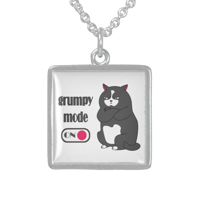 Grumpy mode on funny fat cat  sterling silver necklace (Front)