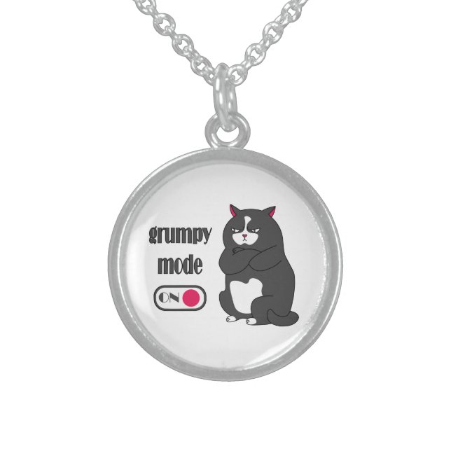 Grumpy mode on funny fat cat  sterling silver necklace (Front)
