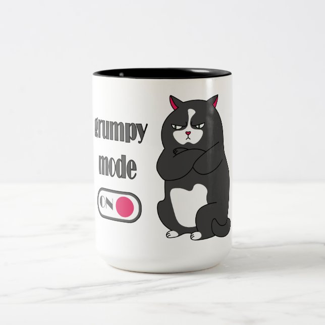 Grumpy mode on funny fat cat Two-Tone coffee mug (Center)