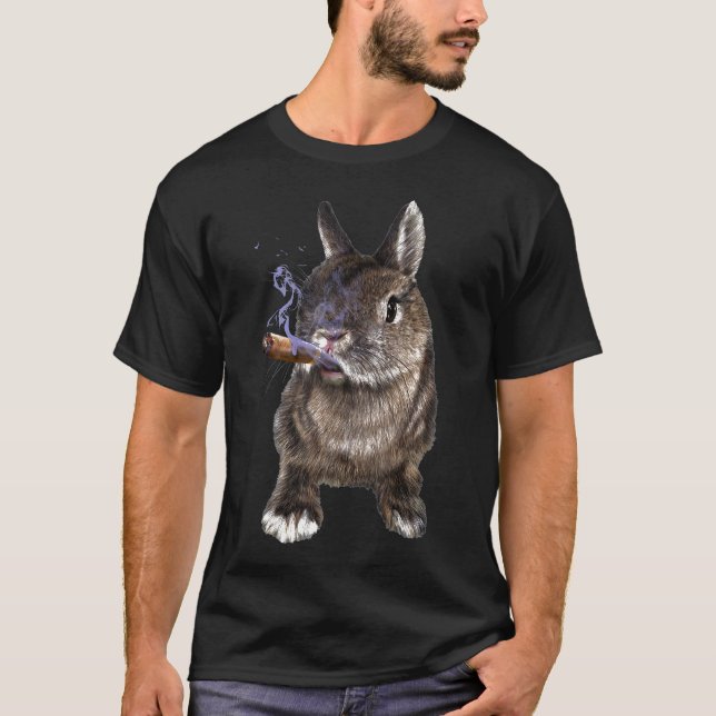 Grumpy Netherland Dwarf Rabbit With Cigar Bad Bunn T-Shirt (Front)