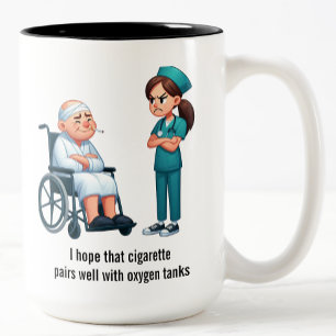 Grumpy Nurse Versus Smoking Senior Two-Tone Coffee Mug