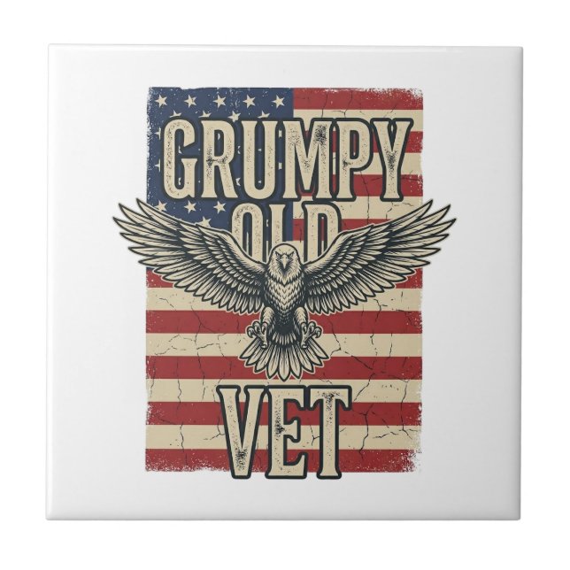 Grumpy Old Vet Patriotic Eagle Flag Shirt Design Ceramic Tile (Front)