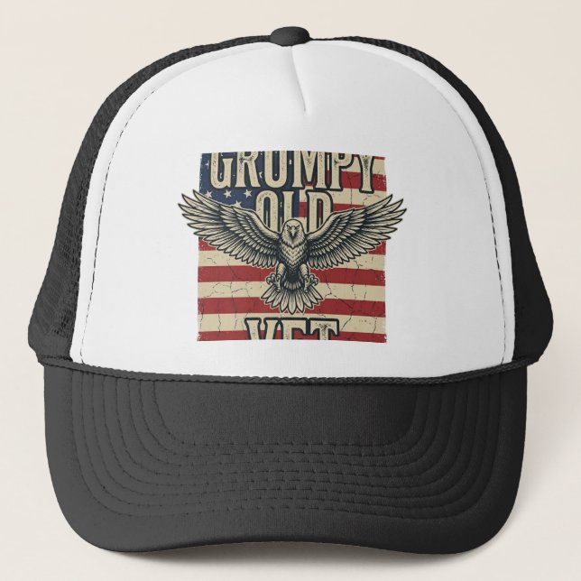 Grumpy Old Vet Patriotic Eagle Flag Shirt Design Trucker Hat (Front)