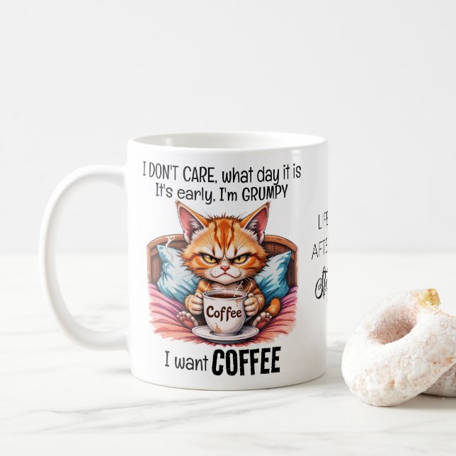 Grumpy Orange Cat Drinking Coffee Funny Quote  Mug (With Donut)