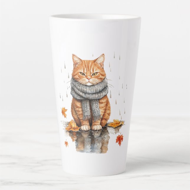 Grumpy Orange Cat in Rain Latte Mug (Front)