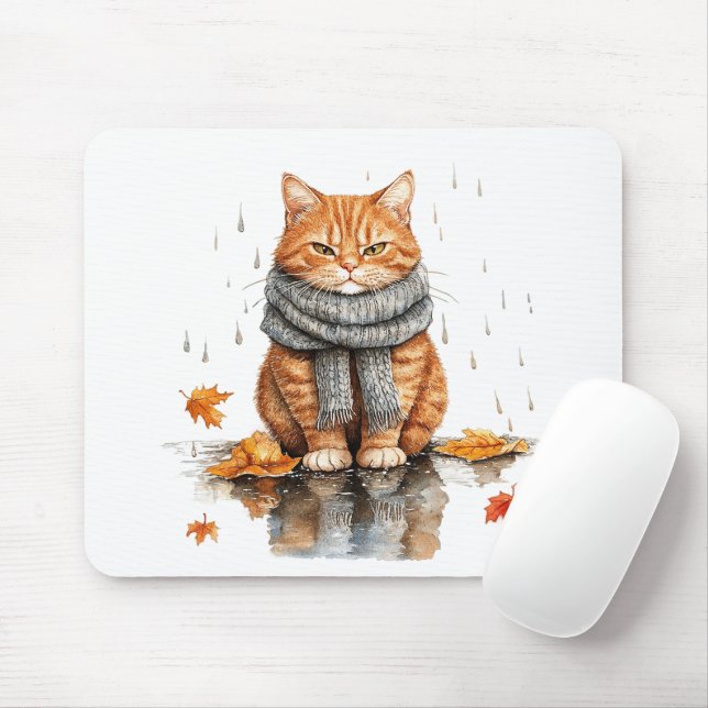 Grumpy Orange Cat in Rain Mouse Pad (With Mouse)