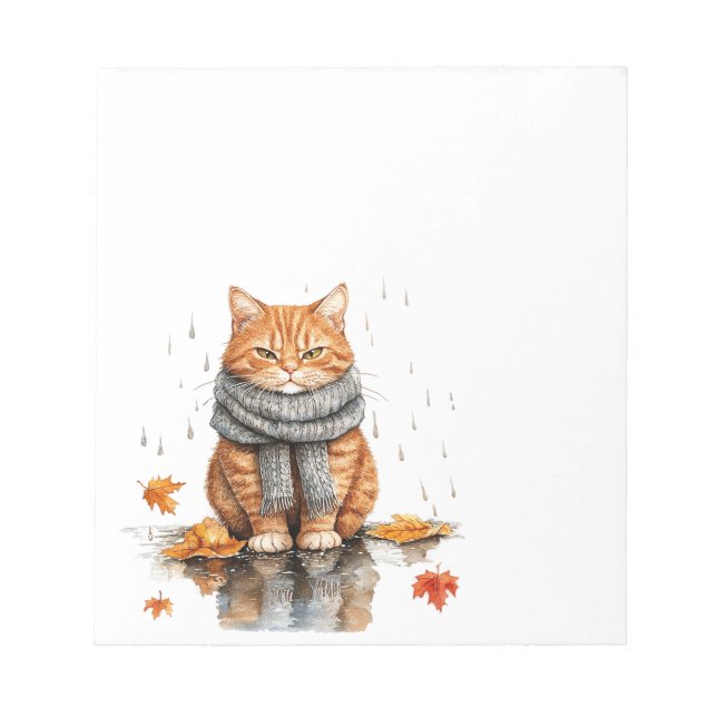 Grumpy Orange Cat in Rain Notepad (Front)