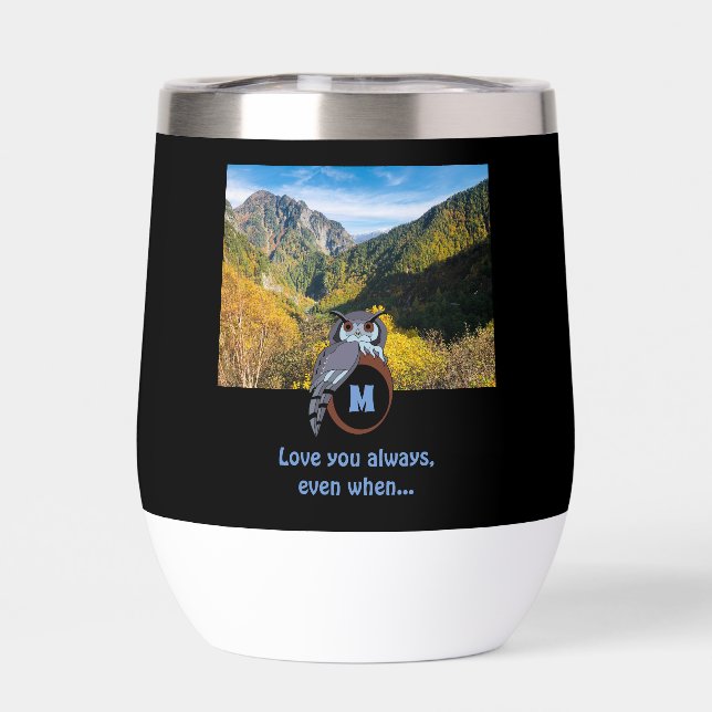 Grumpy Owl Nesting on Monogram Egg Photo Thermal Wine Tumbler (Back)