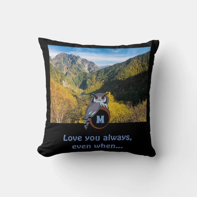 Grumpy Owl Nesting on Monogram Egg Photo Throw Pillow (Front)