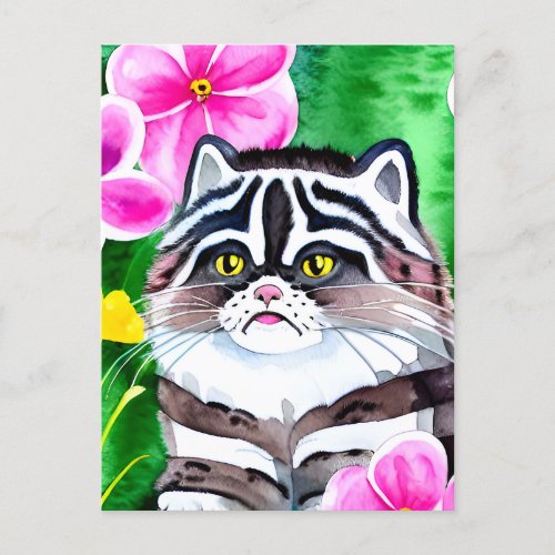 Grumpy Pallas Cat and Flowers Postcard