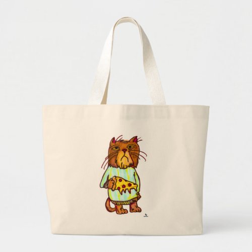 Grumpy Pizza Pet Funny Cat Art Design Large Tote Bag