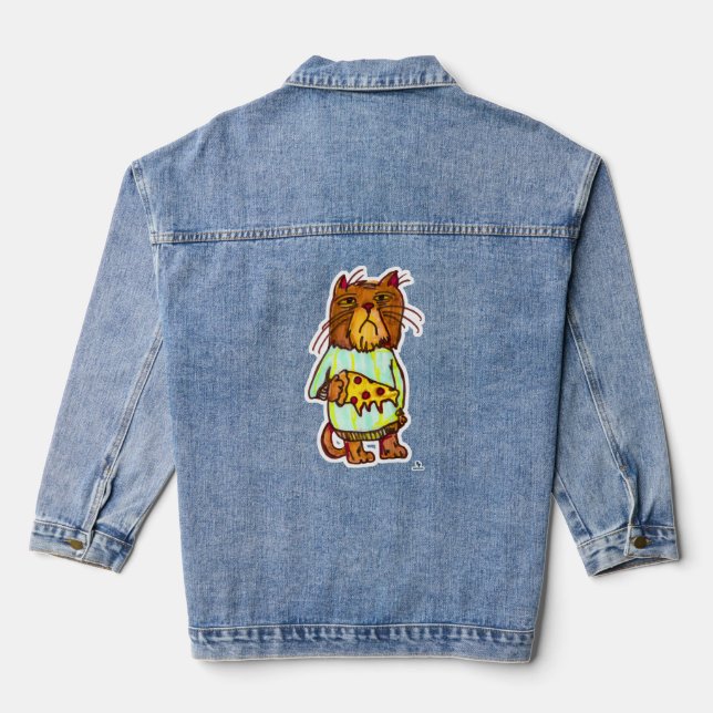 Grumpy Pizza Pet Funny Cat Drawing Fun Denim Jacket (Back)