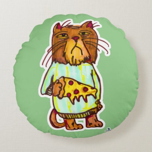 Grumpy Pizza Pet Funny Cat Humor Art Round Pillow